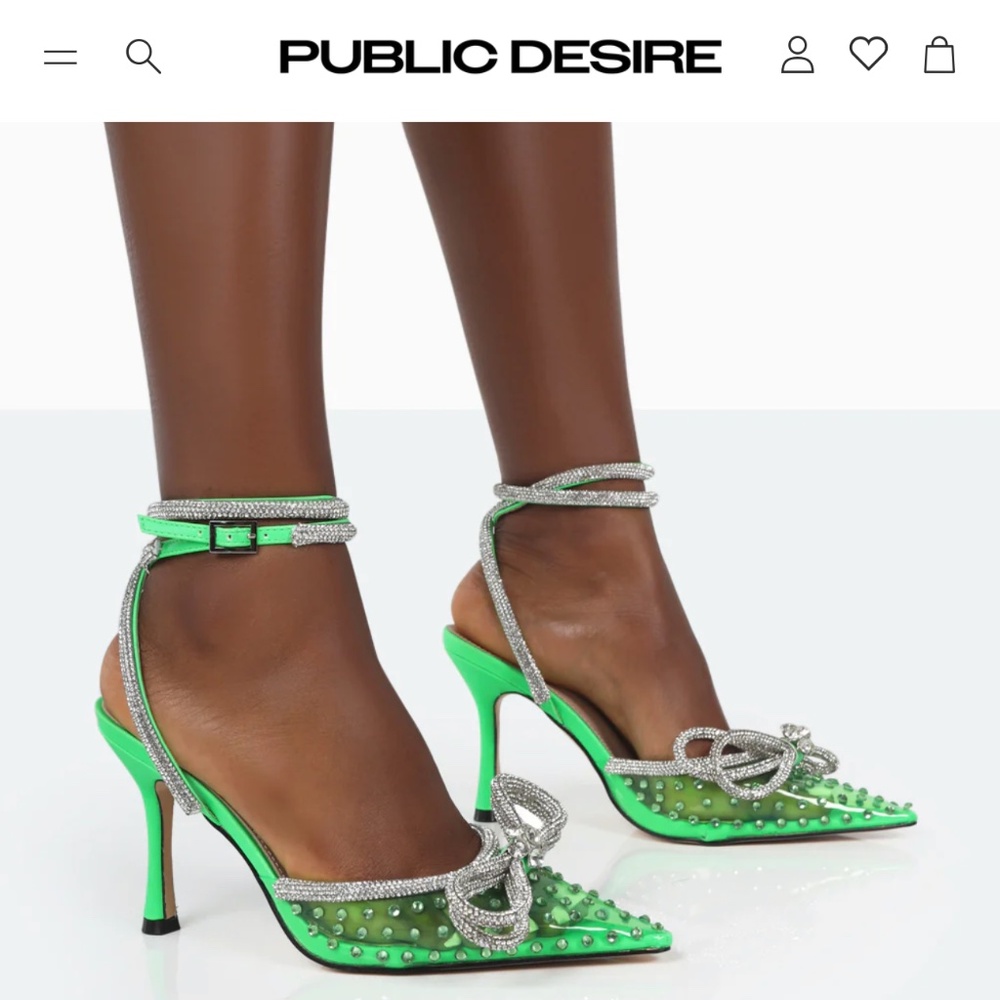 NEW Public Desire Azealia Neon Green Crystal Diamanté 7.5 Wrap Around Bow Heels - Picture 6 of 14